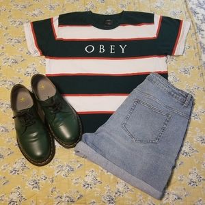 Obey Block Grn, Wht & Red Striped Shirt Sz Large